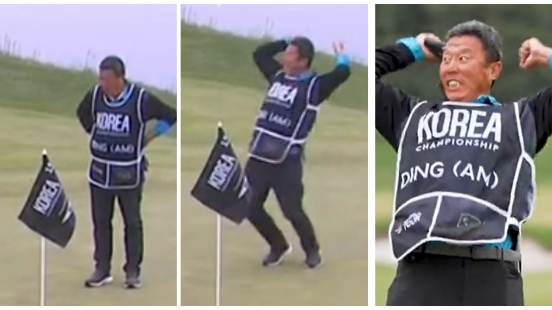LOOK AT HIM GO! Watch this caddie (and dad) of amateur give it large for his son